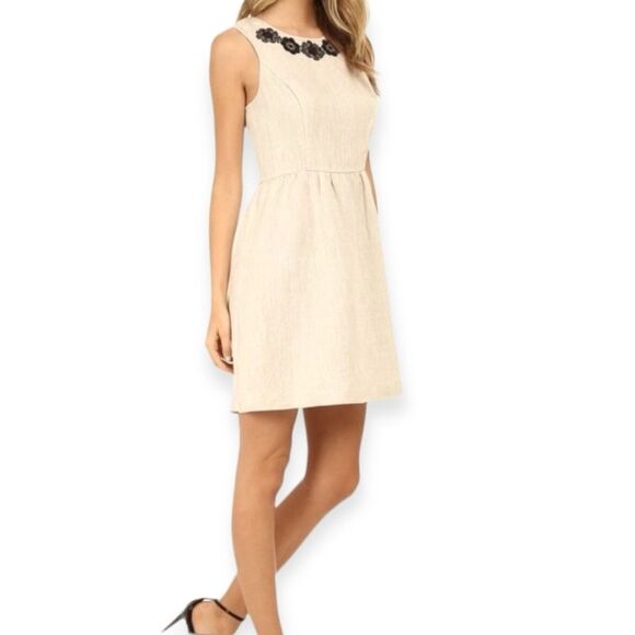 Ivory Sleeveless Linen Black Floral Round Neckline Above Knee Dress NEW - Picture 1 of 4